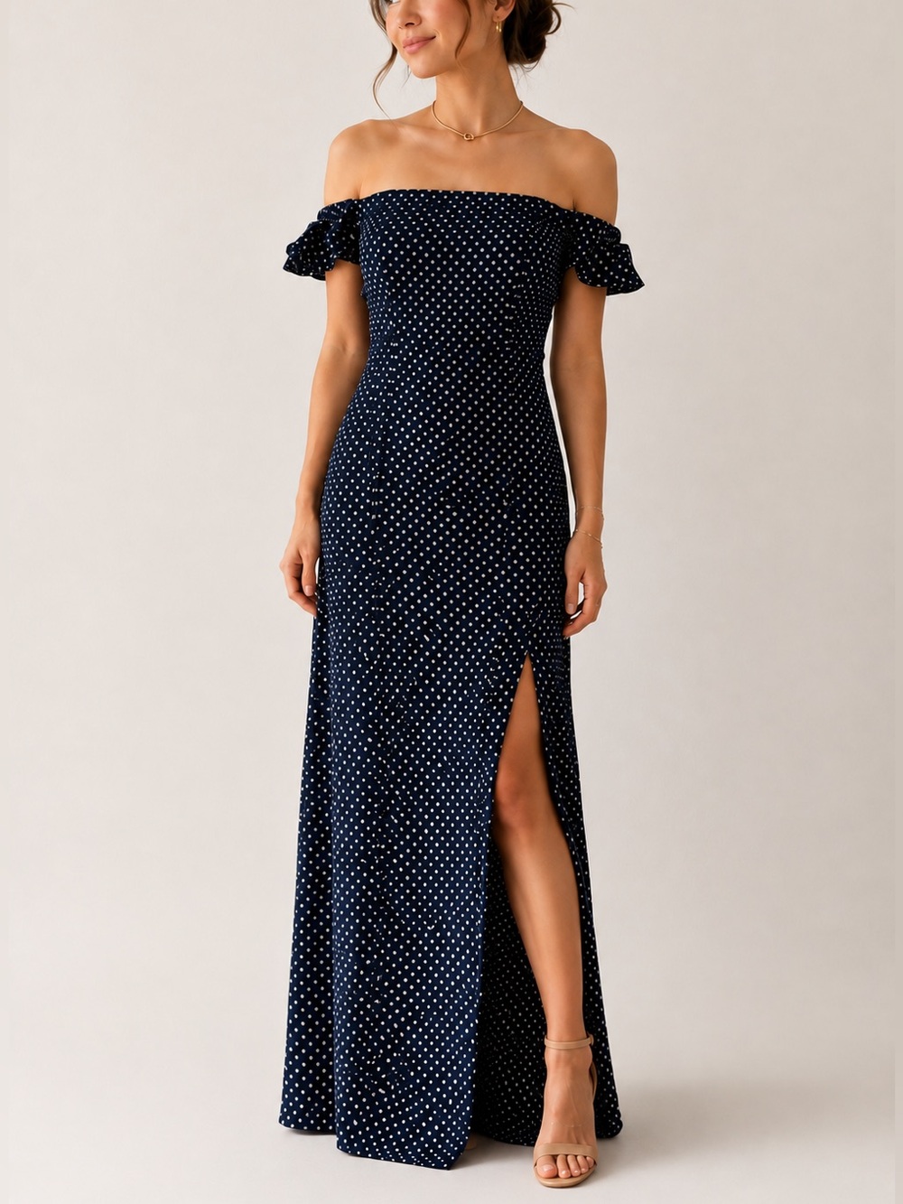 Lulu's Navy and White Polka Dot Off-Shoulder Maxi Dress